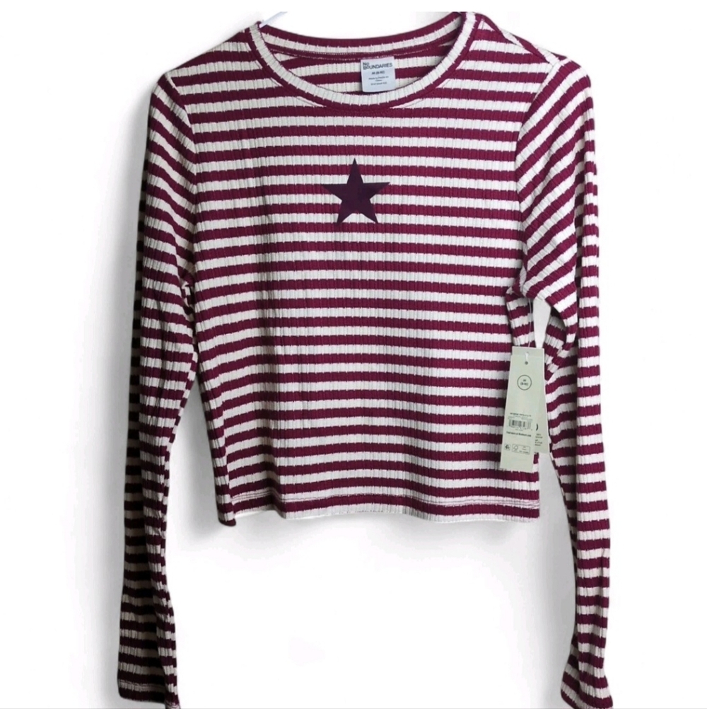 No Boundaries Graphic Striped Pointelle Top Long Sleeve Size M (8-10) Cropped